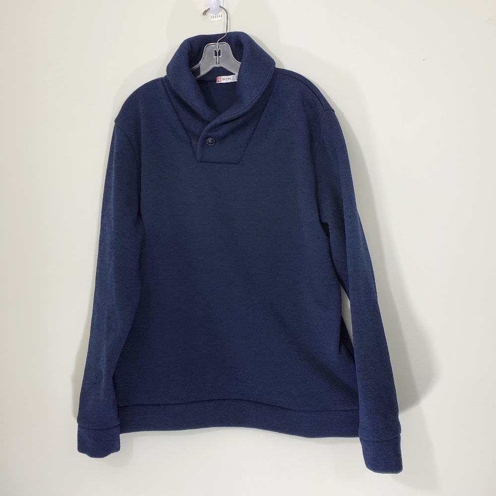 H2H Navy on Black Shawl Collar Sweater, Size XL